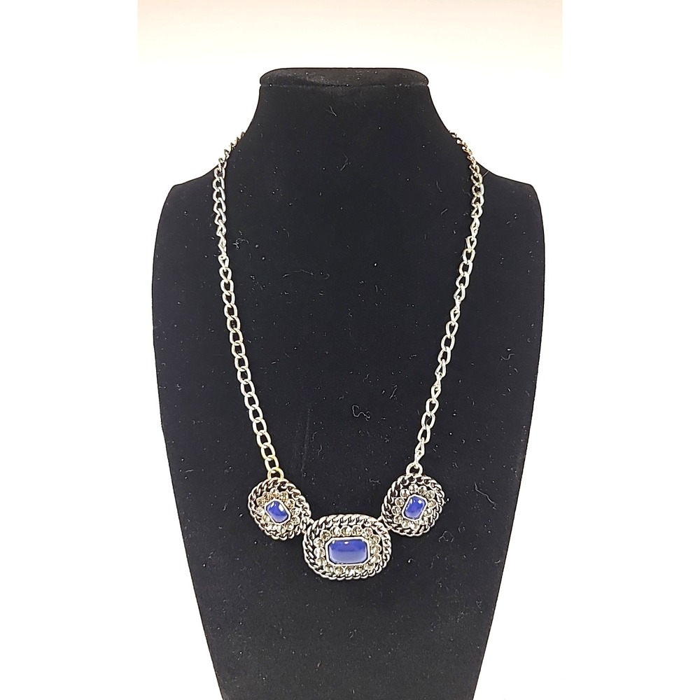 Blue Cabochon with Rhinestones Silvertone Chain Signed‎ NWT 18"